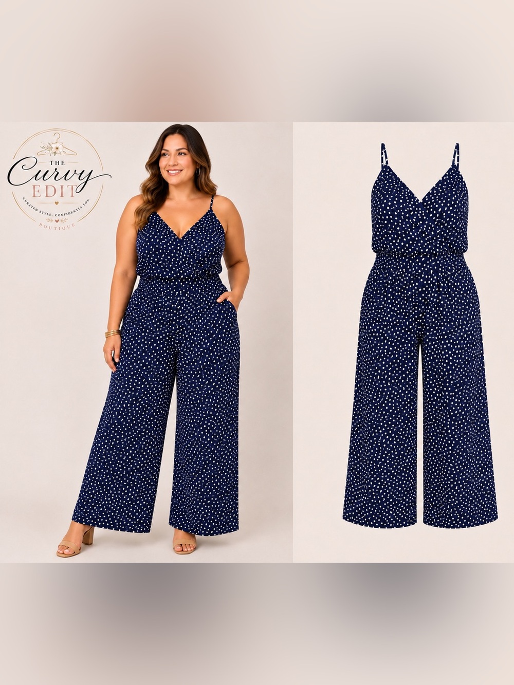Kaleigh 1X Navy White Polka Dot Wide Leg Wrap Jumpsuit Plus Size